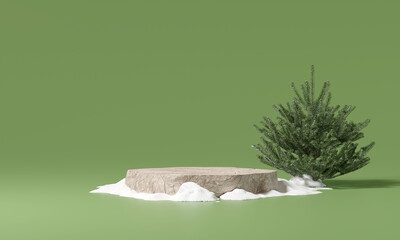 Wooden product display podium with pine tree. Christmas concept on green background. 3D rendering