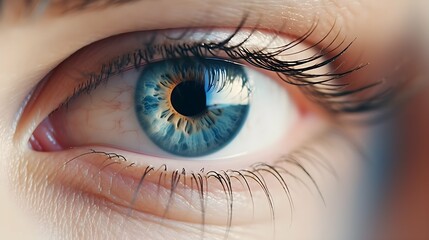 extremly Close-up of a womans blue eye with light catch woman eyesight human body part. Generative AI