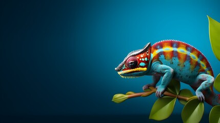 Colorful chameleon on a blue background, copy space. Generative AI