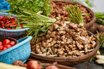 Fresh vegetables on display in a traditional market	