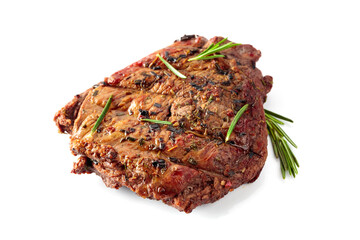 Grilled beef steak with rosemary isolated on a white background.