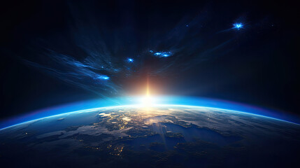 view earth from  space at  blue sunrise - obrazy, fototapety, plakaty