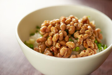 Natto on rice, fermented soybeans, natto