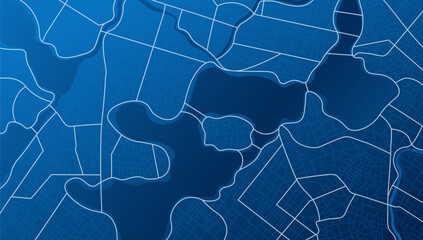 Blue city area, background map, streets. Skyline urban panorama. Cartography illustration. Abstract transportation background, street map. Widescreen proportion, digital design street map. Vector - obrazy, fototapety, plakaty