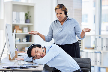 Call center, asian man sleeping and angry supervisor in an office for customer service or support....