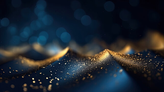 Abstract background with Dark blue and gold particle. Christmas Golden light shine particles bokeh on navy blue background. Gold foil texture. Holiday concept