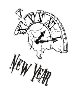 Broken vector clock with fragments effect. The fragments form a destructive clock shape. New Year.
