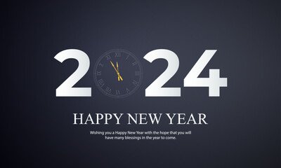 Minimalist Happy New Year 2024 Greeting Card and Banner with Clock