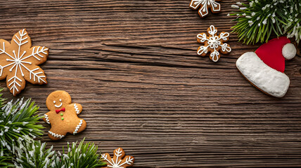 Marco navide&ntilde;o con fondo de madera y galletas y flores 