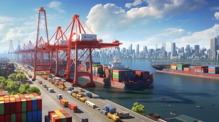 A bustling seaport photo realistic - Generative AI. - obrazy, fototapety, plakaty