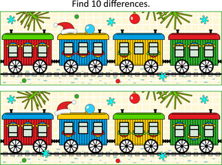 Difference game with winter holidays polar express toy train cars. Find 10 differences picture puzzle.
