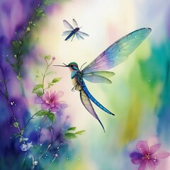 Whimsical Watercolor Fantasy: Enchanting Dragonfly-Hummingbird Creature in a Magical Realm