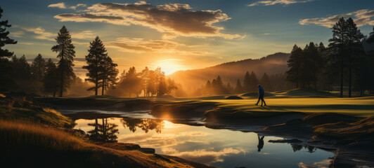 Golfer in golden sunlight, poised at the tee, anticipates the swing. Lush landscape.generative ai
