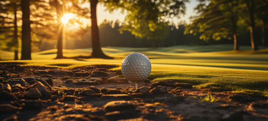 Golfer in golden sunlight, poised at the tee, anticipates the swing. Lush landscape.generative ai - obrazy, fototapety, plakaty