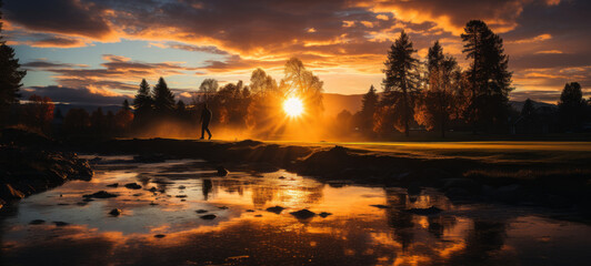 Golfer in golden sunlight, poised at the tee, anticipates the swing. Lush landscape.generative ai