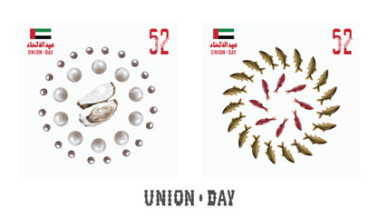 52 UAE National Day. Translated Arabic: Union Day of United Arab Emirates. Greeting Card Illustration. Vector eps 10.