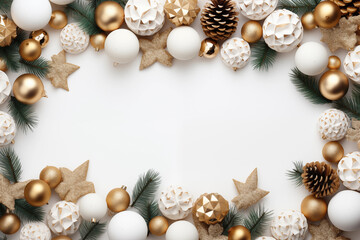 Bright Christmas frame of spruce,christmas decorations on white background,Copy space