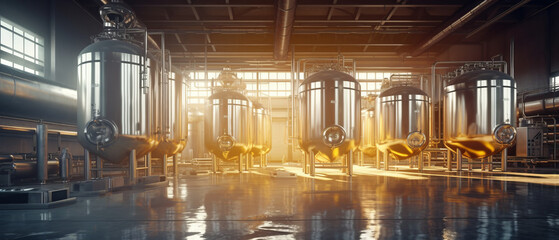 modern brewery with fermentation tanks, stainless steel equipment, and intricate pipelines.