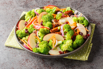 Fall salad with broccoli, pecans, cranberries, carrots and apples closeup on the plate on the table. Horizontal