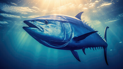 Blue fin tuna fish swimming in ocean water. 