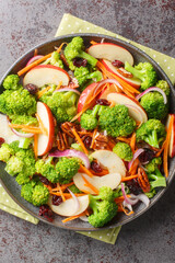 Broccoli apple salad made with fresh broccoli, red apples, carrots, dried cranberries, red onion, nuts closeup on the plate on the table. Vertical top view from above