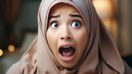 Young asian muslim woman looking at laptop happy excited successfull