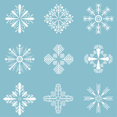 Fototapeta na wymiar Set of Vector snowflakes, Winter set of white snowflakes isolated on light blue background. Snowflake icons. Snowflakes collection for design Christmas