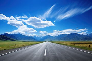 Naklejka premium Empty road with beautiful view background. Travel vacation concept. Generative ai.