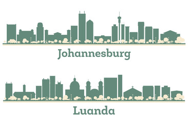 Abstract Luanda Angola and Johannesburg Africa City Skyline silhouette set with Color Buildings. Illustration. Business Travel and Tourism Concept with Modern Architecture.
