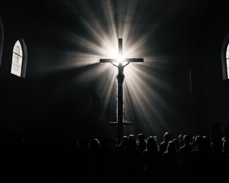 A black and white photo of a cross in a church. Generative AI.