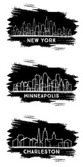 Minneapolis Minnesota, Charleston South Carolina and New York USA City Skyline Silhouette set.