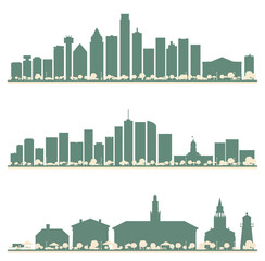 Abstract Burlington Vermont, Denver and Dallas USA City Skyline set with Color Buildings. Illustration.