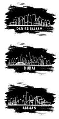 Dubai UAE, Amman Jordan and Dar Es Salaam Tanzania City Skyline Silhouette set.