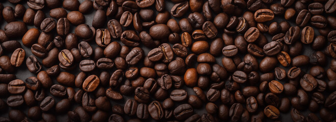 Fototapeta premium Fresh Coffee Beans With Dark Background, banner style