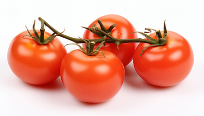 Four glossy red tomatoes on a vine with sharp green leaves.