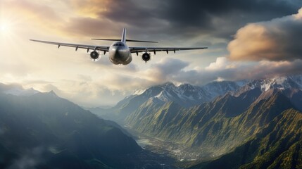 Fototapeta na wymiar A cargo plane soaring above mountains photo realistic - Generative AI.