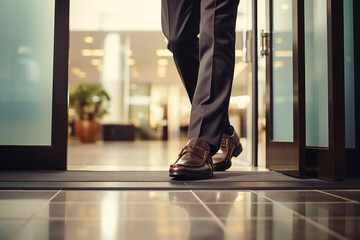  A close-up of a person's stylish footwear, stepping through the (revolving) door and entering a modern building. Capture the elegance and professionalism in the choice of shoes.