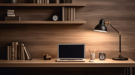 Modern home workspace desk setup with laptop lamp