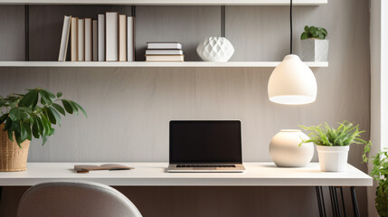 Modern home workspace desk setup with laptop lamp