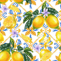 Mediterranean seamless pattern. Blue majolica tiles and yellow lemons endless background. Sicilian traditional print for fabric and wallpaper. Blue azulejo. Italian style.