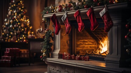 New Year's socks and a fireplace. Christmas atmosphere