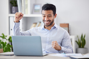 Asian man, success fist and laptop by desk with happy, stock market deal and investment portfolio growth in office. Profit, winner hands and smile by computer with technology and online with cheering - Powered by Adobe