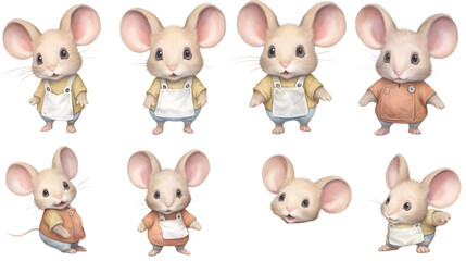 Collection of adorable mice in watercolor style on white background
