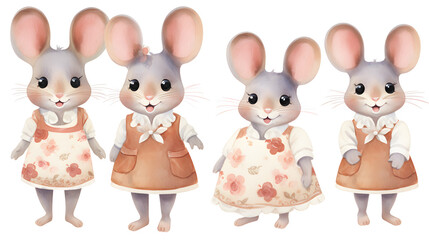 Fototapeta premium Collection of adorable mice in watercolor style on white background