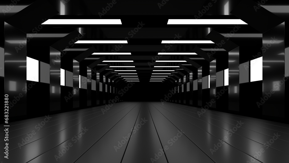 Poster sci fi neon glowing lines in a dark tunnel. reflections on the floor and ceiling. 3d rendering image