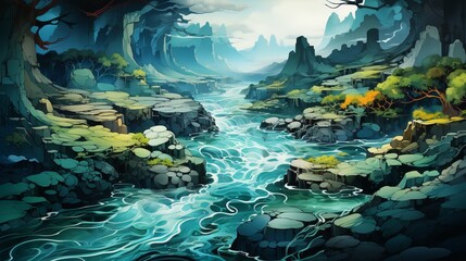 Illustration of a mountain river, a crevasse