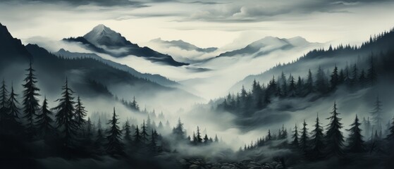 Dark forest in the fog, view from above