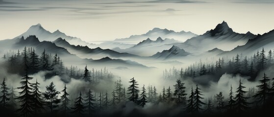 Dark forest in the fog, view from above