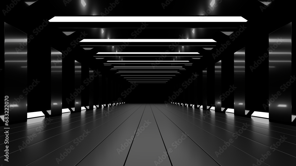 Poster sci fi neon glowing lines in a dark tunnel. reflections on the floor and ceiling. 3d rendering image