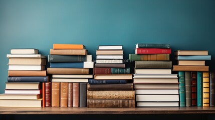 Stacks of books on a blue background - obrazy, fototapety, plakaty